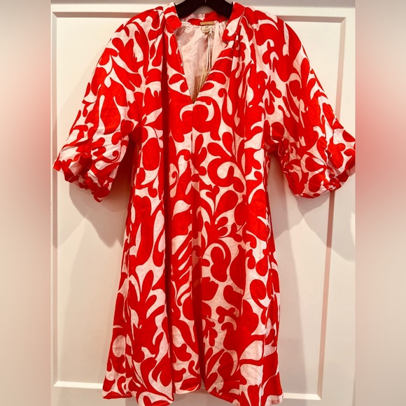 Magaschoni Linen Puff Sleeve Dress – Poppy Red & White – Size S (NWT) - Picture 2 of 8